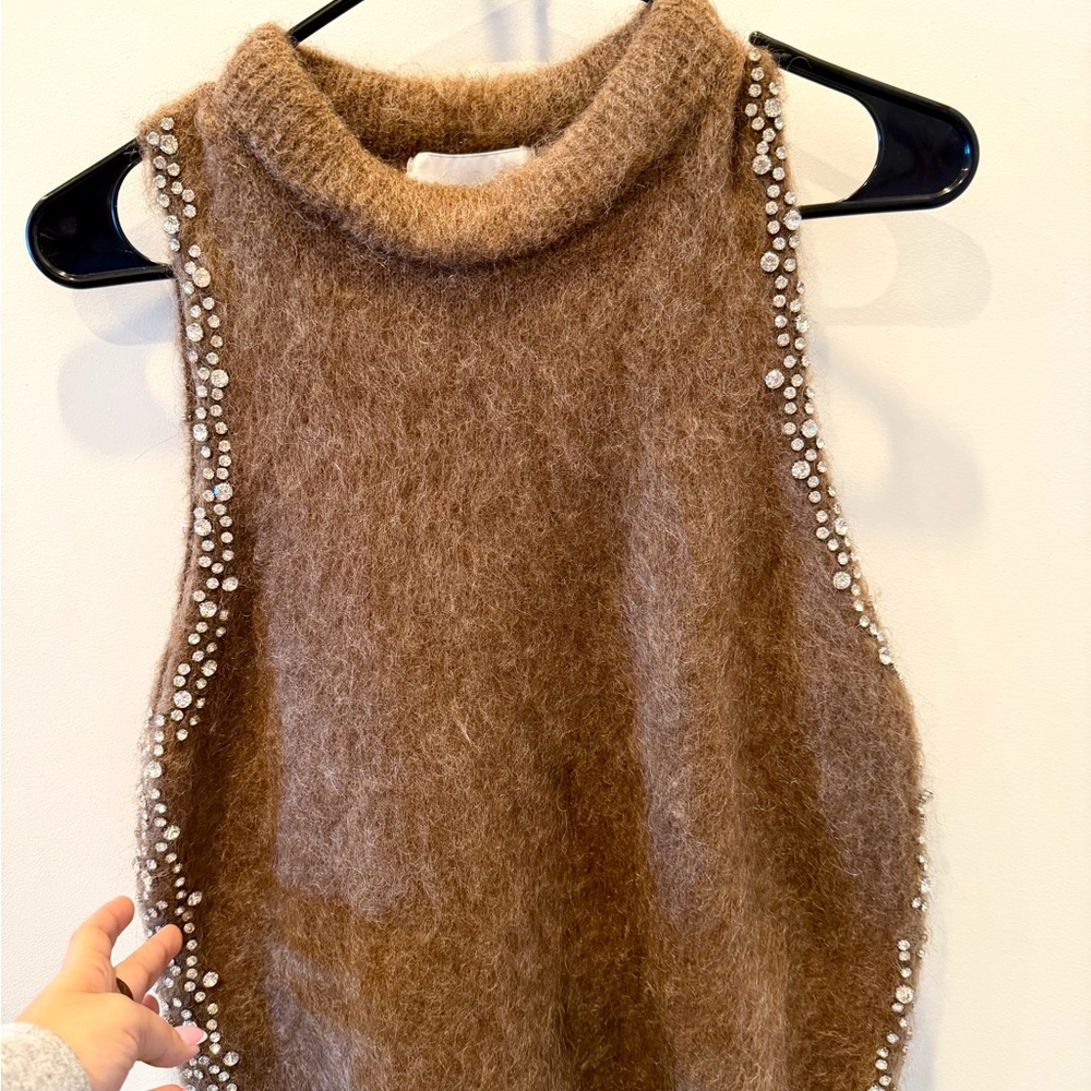 Brown Fuzzy Sleeveless Sweater with Pearl Accents